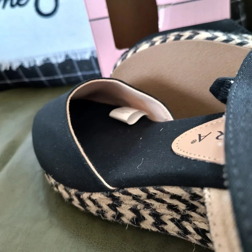 Black tan ladies platform wedge heeled sandals tie around ankle casual or dressy